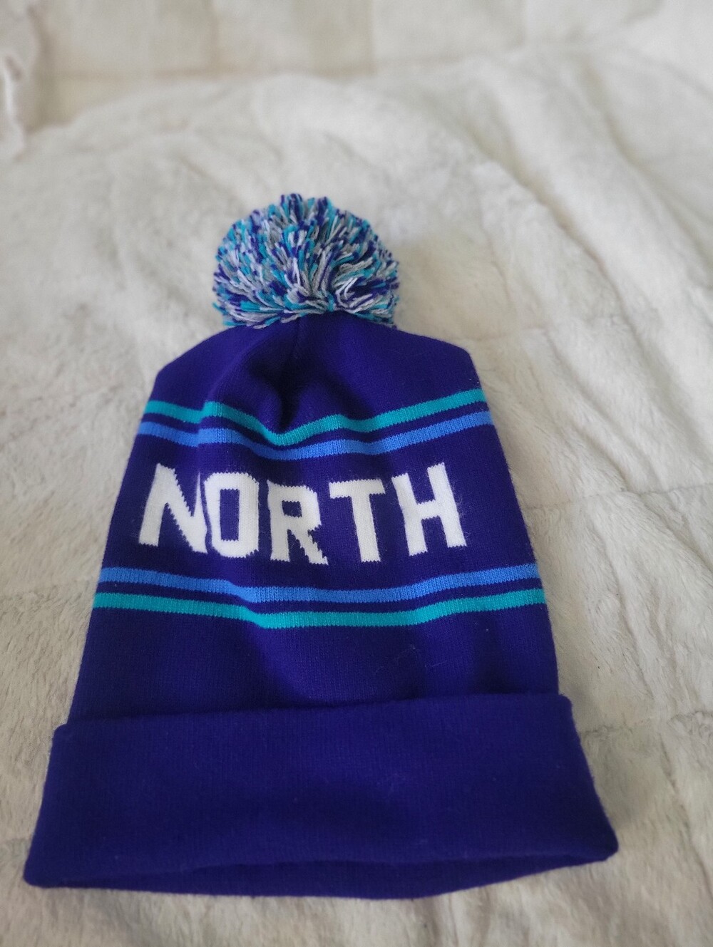 Pom Beanie Hat - Blue with Teal Stripes Askov Finlayson Logo NORTH made In USA